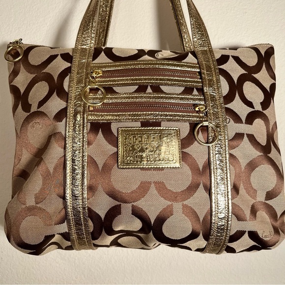 Coach Poppy Gold and Khaki Large Tote with Brilliant Blue Lining - Picture 3 of 15